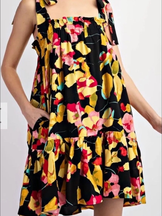 eesome Dresses & Skirts - Black Floral Tie-Shoulder Sundress with Yellow and Pink Blooms